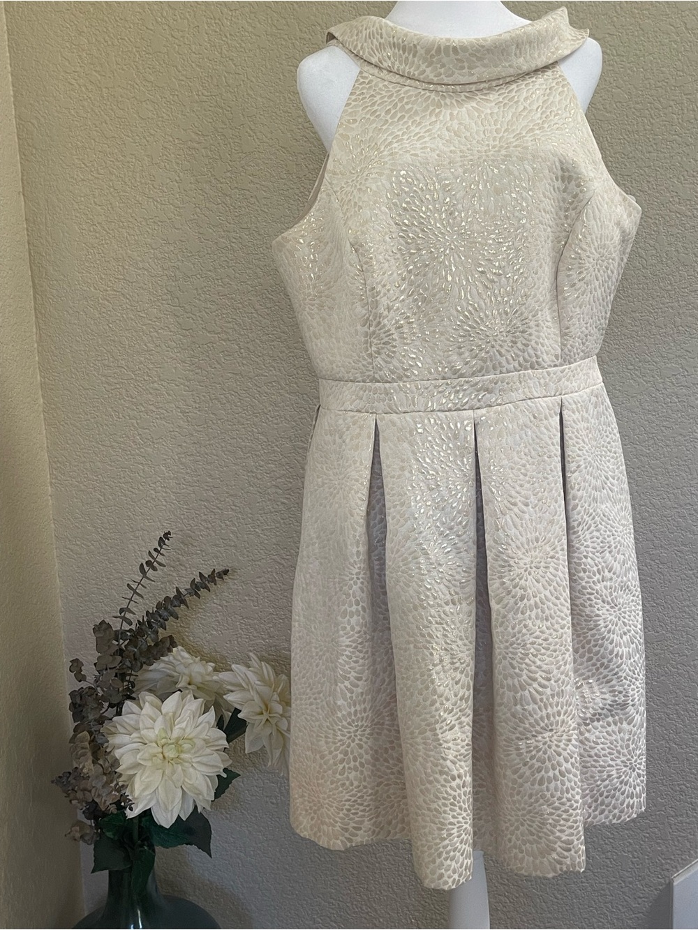 David's Bridal Ivory Textured Halter Fit-and-Flare Midi Dress - Picture 1 of 8